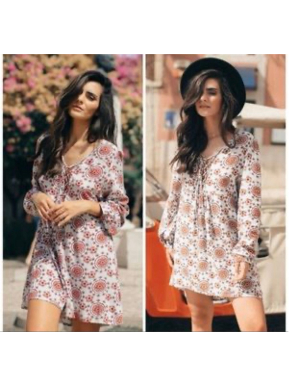 Women's YIREH Medallion Print Tunic White & Red Floral Print Mini Dress Large